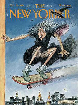 Witch Skateboarding Over the City Wall Art