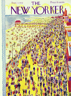 Crowded Beach Scene in 1932 Painting