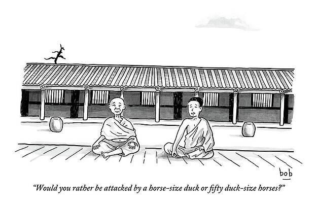 Meditation Wall Art featuring the drawing One Buddhist Monk Asks Another While Meditating by Bob Eckstein