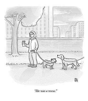 Woman Walking Dogs in the Park Drawing