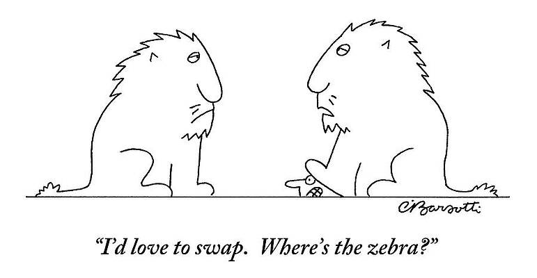 Paw Wall Art featuring the drawing One Lion To Another.  A Man's Head Is Peeking by Charles Barsotti