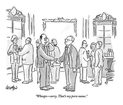 Name Wall Art featuring the drawing One Man Covers His Eyes As He Introduces Himself by Robert Leighton