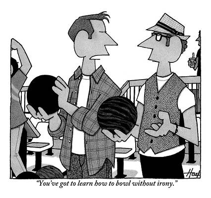 Alley Wall Art featuring the drawing One Man Holding A Bowling Ball To Another by William Haefeli