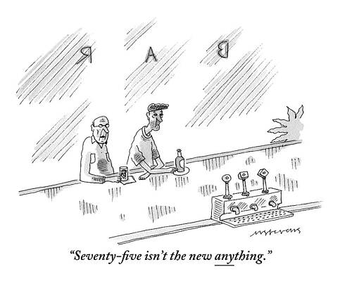 People Drawing - One Old Man Drinking At A Bar Speaks To Another by Mick Stevens