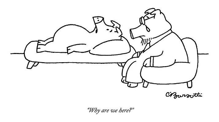 Pig Drawing - One Pig Lays On A Therapists Couch by Charles Barsotti