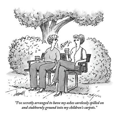 Wall Art featuring the drawing One Woman Speaks To Another As They Sit On A Park by Tom Cheney