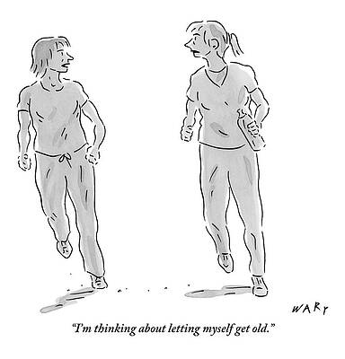 People Drawing - One Young Woman Says To Another As They Jog by Kim Warp