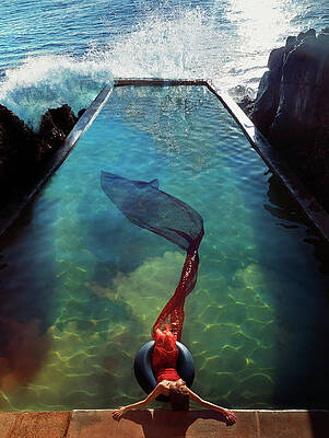 Woman in Pool with Red Fabric Wall Art