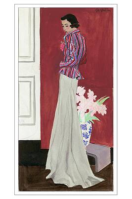 Elegant Woman in Striped Blouse Digital Art