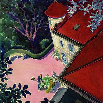 Red Digital Art - Painting Of A House With A Patio by Walter Buehr