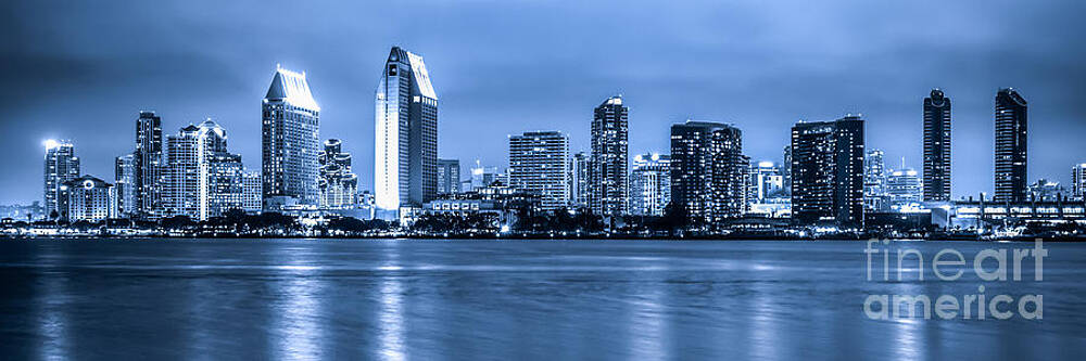 California Wall Art featuring the photograph Panorama Of Blue San Diego Skyline At Night by Paul Velgos