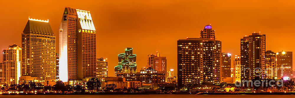 California Wall Art featuring the photograph Panoramic Picture Of San Diego Skyline At Night by Paul Velgos