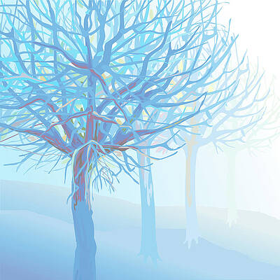 Wall Art featuring the digital art Pastel Blue Trees And Branches In Foggy by Charles Harker