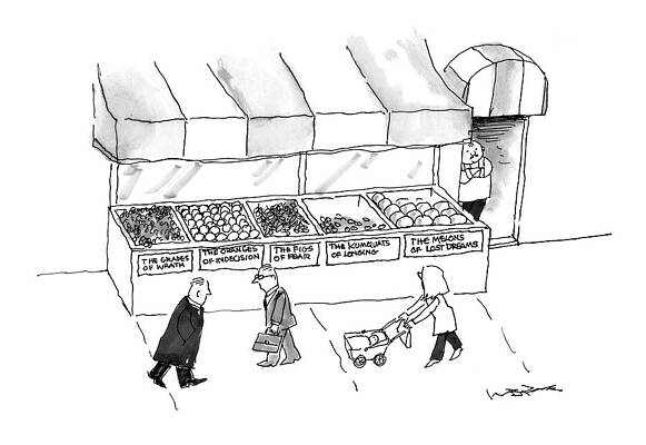 Orange Wall Art featuring the drawing People Are Seen Walking Past A Produce Stand by W.B. Park