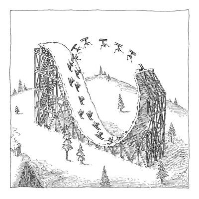 Ski Drawing - People Ski On A Circular Ski Ramp That Resembles by John O'Brien