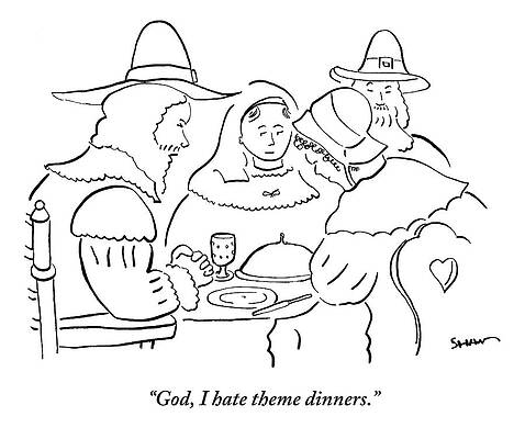 Pilgrims At Thanksgiving Dinner Table Print