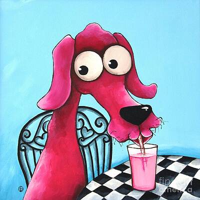 Pink Dog Enjoying a Milkshake Wall Art