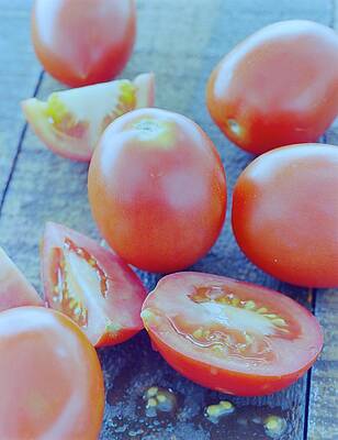 Rustic Tomatoes on Wooden Surface Photograph