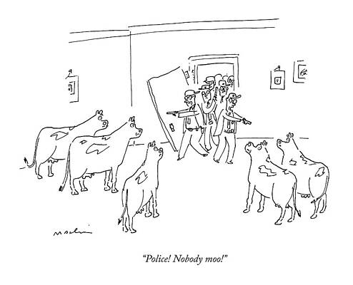 Cow Wall Art featuring the drawing Police Burst In With Guns To A Room Filled by Michael Maslin