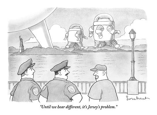 Alien Wall Art featuring the drawing Police Officers Look Across The River As Aliens by David Borchart