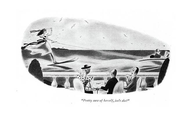 Woman Water Skiing Past Luxury Yacht Drawing