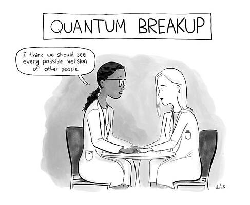 Break Wall Art featuring the drawing Quantum Breakup -- Two Female Scientists Hold by Jason Adam Katzenstein