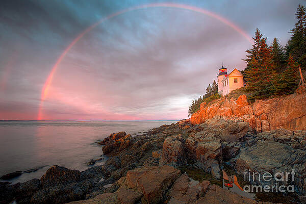 Rainbow Over Lighthouse at Sunset Wall Art