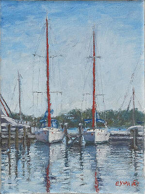 Wall Art featuring the painting Red Sails Under Gray Sky by Ritchie Eyma