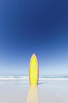 Vibrant Surfboard on Sandy Beach Wall Art