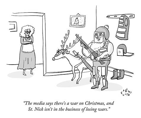 Santa Claus Wall Art featuring the drawing Santa Claus Holds An Assault Rifle by Farley Katz