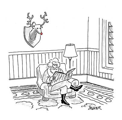 Santa Claus Wall Art featuring the drawing Santa Claus Sits Reading A Newspaper by Jack Ziegler