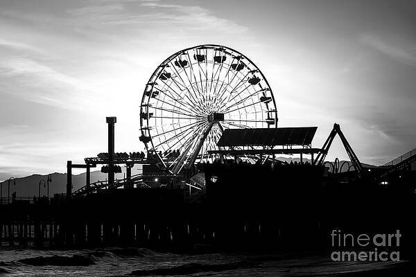 California Wall Art featuring the photograph Santa Monica Ferris Wheel Black And White Photo by Paul Velgos