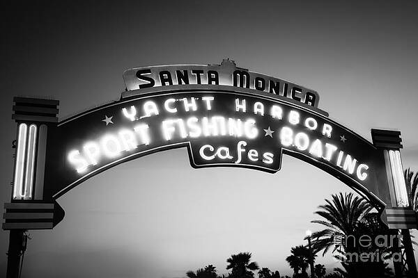 California Wall Art featuring the photograph Santa Monica Pier Sign In Black And White by Paul Velgos