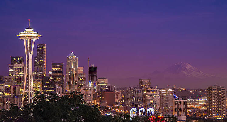 Wall Art featuring the photograph Seattle And Mt. Rainier After Dark - City Skyline Night Photograph by Duane Miller