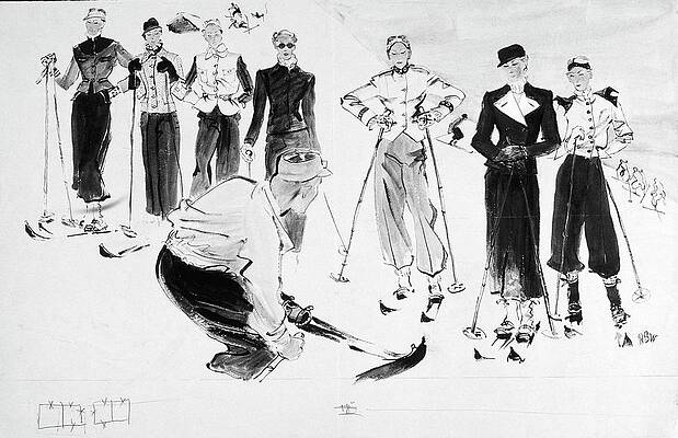 Skiers in Vintage Fashion Digital Art