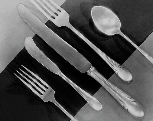 Monochrome Cutlery Arrangement Photograph