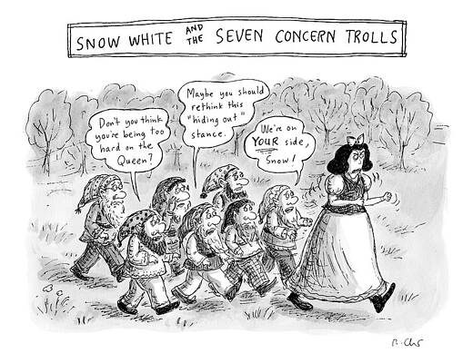 Fairy Tale Drawing - Snow White Is Storming Away From A Group Of Seven by Roz Chast