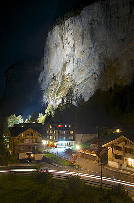 Waterfall Photograph - Staubbach Falls At Night In Lauterbrunnen Switzerland by Owen Weber