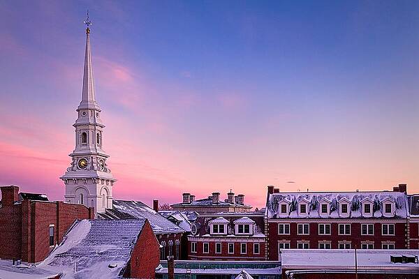 Wall Art featuring the photograph Steeple Over Snow Covered Roof Tops Portsmouth NH by Jeff Sinon