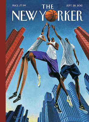 Basketball Players in Urban Skyline Painting