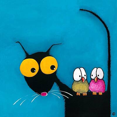 Stressie Cat with Whimsical Birds Wall Art