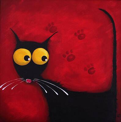 Wide-eyed Black Cat on Red Wall Art