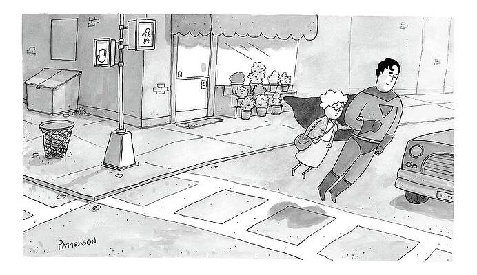People Drawing - Superman Escorts An Elderly Woman Across The Road by Jason Patterson