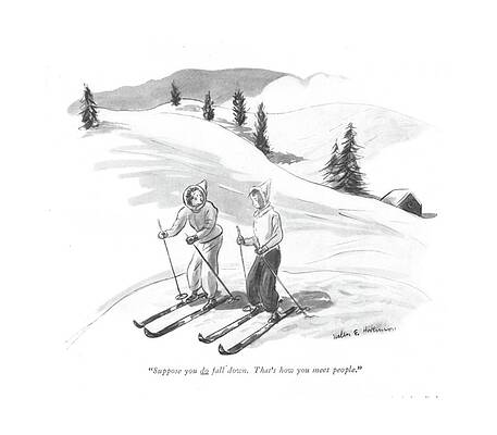 Skiers Chatting on Snowy Slope Drawing