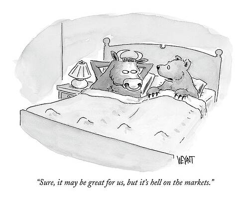Bull and Bear in Bed Cartoon Wall Art