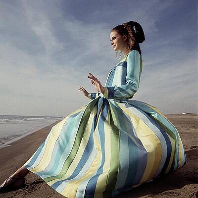 Model in Striped Dress by the Sea Wall Art
