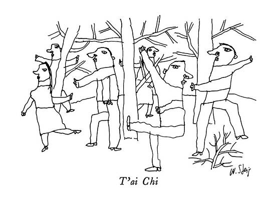 Group Practicing Tai Chi in the Woods Drawing