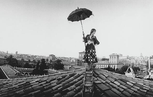 Woman with Umbrella on Rooftop Wall Art