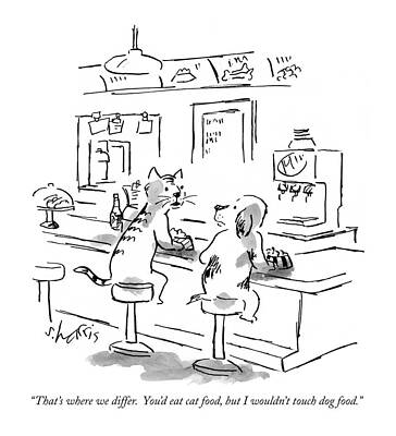 Cat and Dog at Diner Drawing