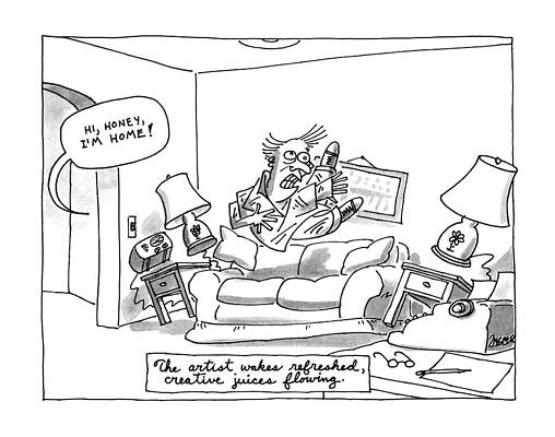 Juice Wall Art featuring the drawing The Artist Wakes Refreshed by Jack Ziegler